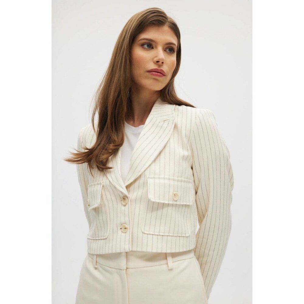 Rachel Zoe Women Cream Black Striped Long Sleeve Cropped Jacket Size 10
